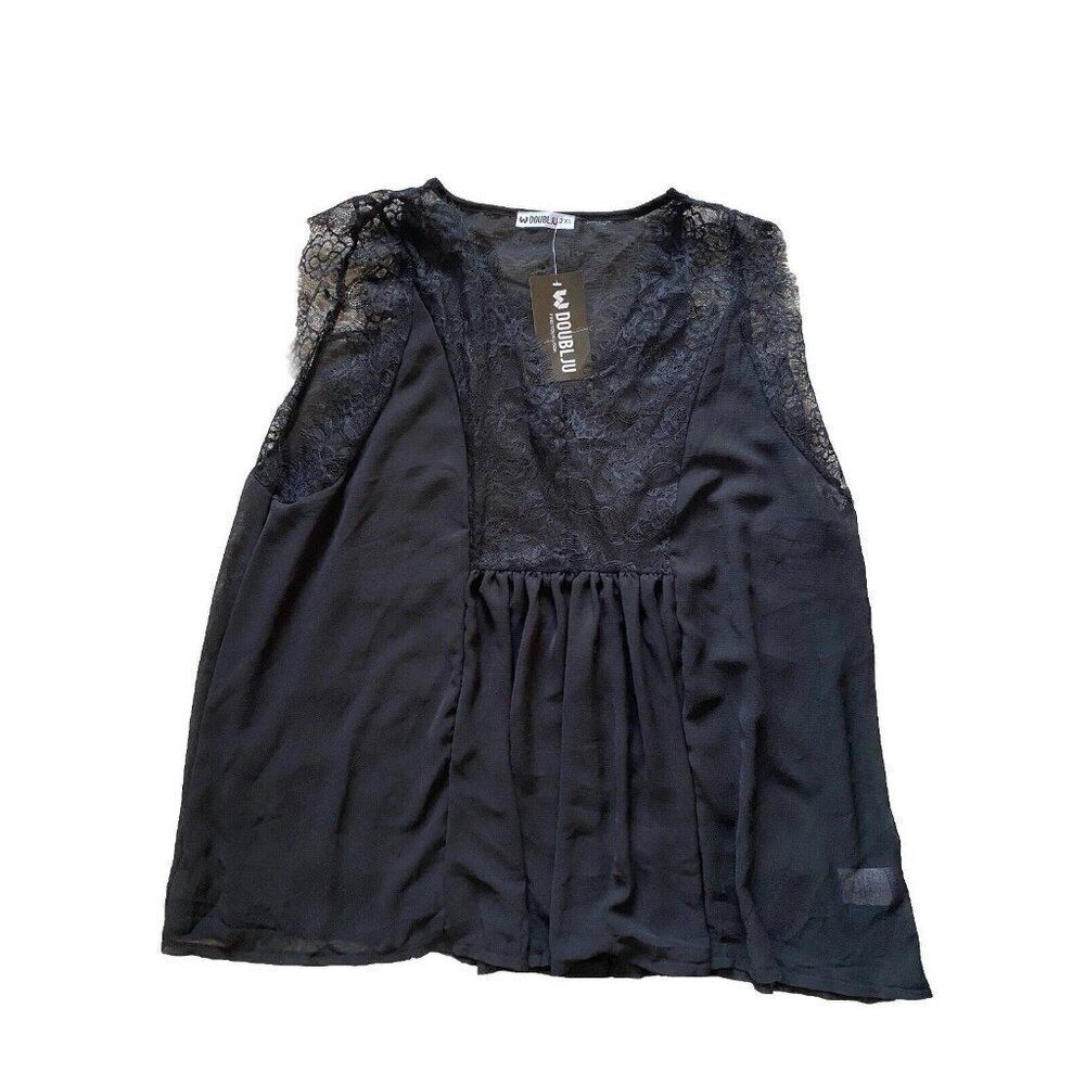 Doublju Blouse Top Black Sheer Lace 2XL Sleeveless